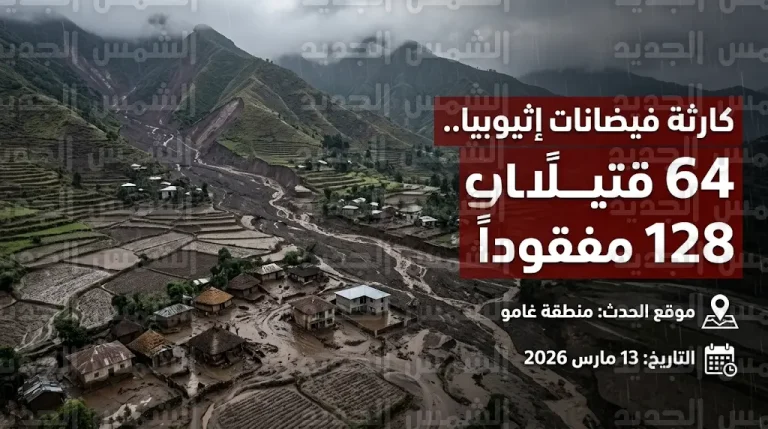 ارتفاع حصيلة ضحايا الفيضانات وانزلاقات التربة في جنوب إثيوبيا إلى 64 قتيلاً و128 مفقوداً