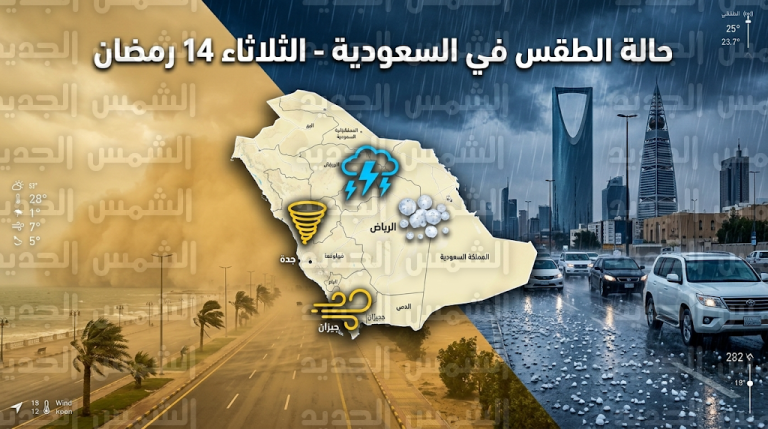 الأرصاد تنبه من أمطار غزيرة وبرد في الرياض والشرقية ومناطق الجنوب اليوم الثلاثاء 14 رمضان