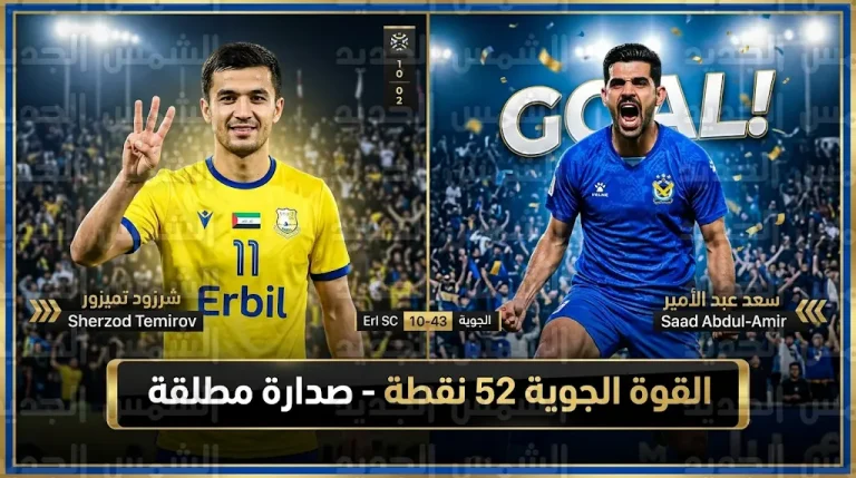 القوة الجوية يبتعد بصدارة دوري نجوم العراق 2026 بهدف سعد الأمير وهاتريك تيمروف يمنح أربيل فوزاً قاتلاً