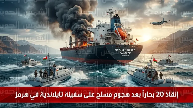 هجوم مسلح يستهدف سفينة شحن تايلاندية في مضيق هرمز والبحرية العمانية تنجح في إنقاذ 20 بحاراً