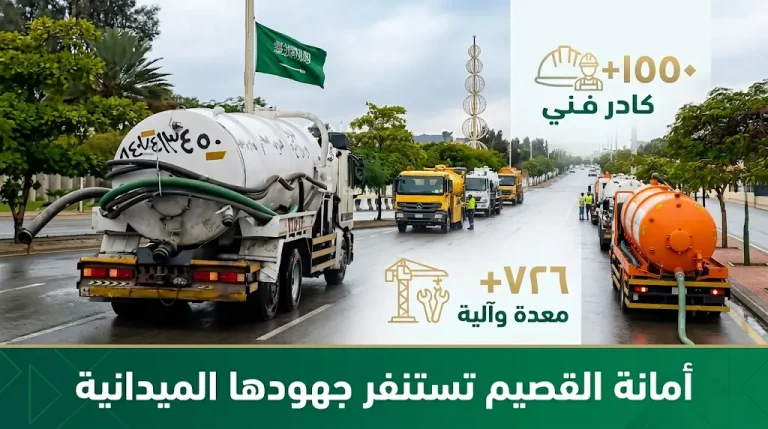 أمانة القصيم تستنفر أكثر من 1550 كادراً و726 معدة لمعالجة آثار الأمطار في بريدة والمحافظات