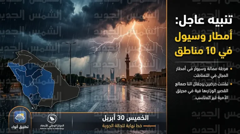 الأرصاد السعودية تحذر من أمطار غزيرة وسيول في 10 مناطق وتحدد نهاية الأسبوع موعداً لانتهاء الحالة