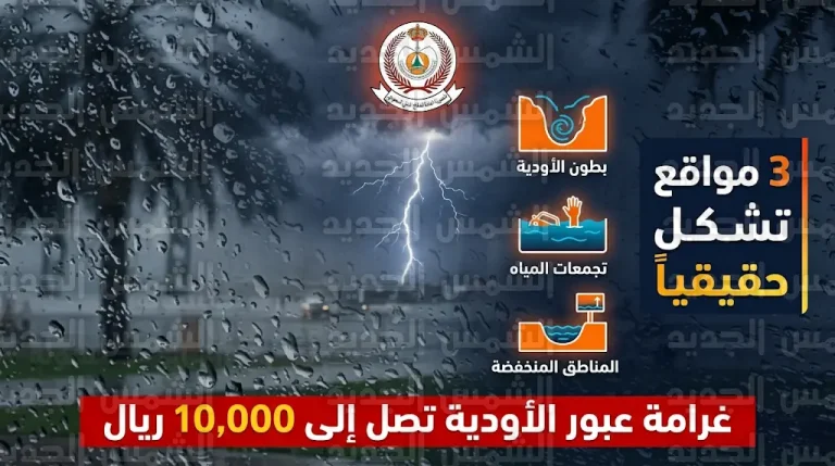 الدفاع المدني يحدد 3 مواقع يجب الابتعاد عنها فوراً أثناء الأمطار ويكشف عقوبة عبور الأودية