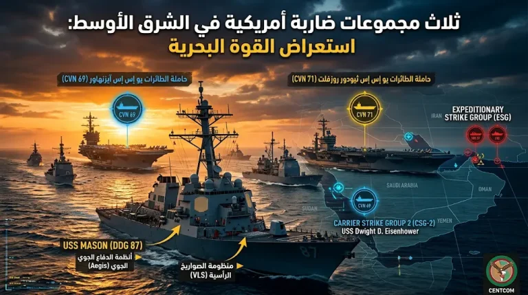 القيادة المركزية الأمريكية تعلن نشر ثلاث مجموعات لحاملات الطائرات في الشرق الأوسط لتعزيز أمن الملاحة وردع التهديدات الإقليمية