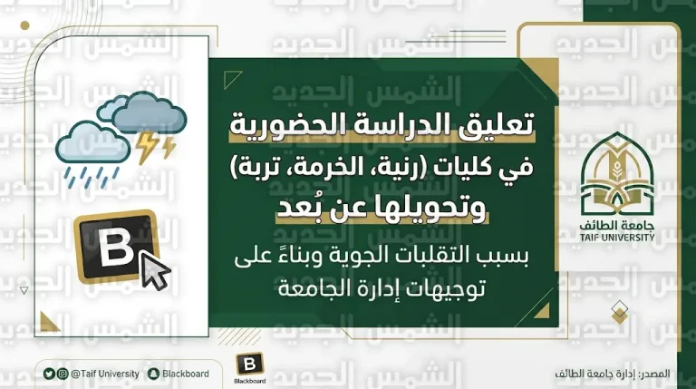 جامعة الطائف تعلن تحويل الدراسة “عن بُعد” في كليات رنية والخرمة وتربة اليوم الأحد 12 أبريل 2026
