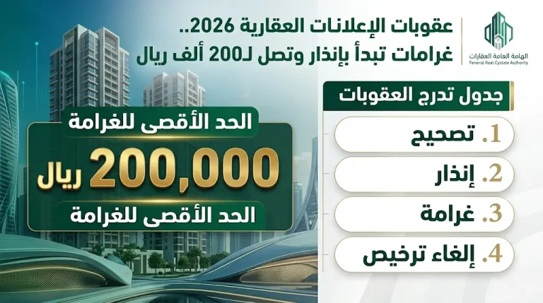 جدول تدرج العقوبات لمخالفي تراخيص الإعلانات العقارية 2026 وغرامات تصل إلى 200 ألف ريال