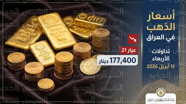 سعر الذهب اليوم في العراق الأربعاء 15-4-2026: تراجع طفيف في عيار 21 والمثقال والسبائك