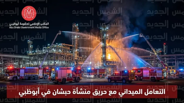 فرق الإطفاء في أبوظبي تباشر التعامل الميداني مع حريق في منشأة حبشان لمعالجة الغاز