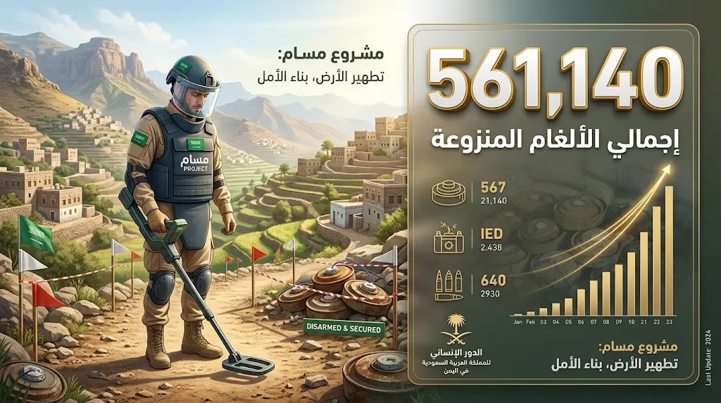 إحصائيات رسمية تكشف نجاح مشروع مسام في نزع 561 ألف لغم وعبوة ناسفة في اليمن منذ انطلاقه