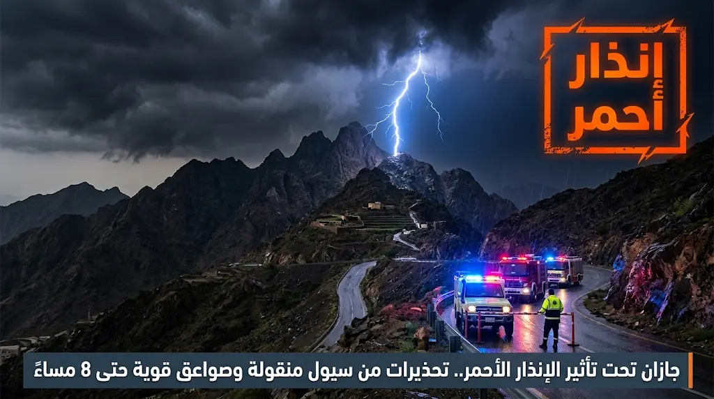 الأرصاد ترفع درجة التنبيه إلى الإنذار الأحمر في جازان وتحذر من سيول منقولة وصواعق رعدية حتى المساء
