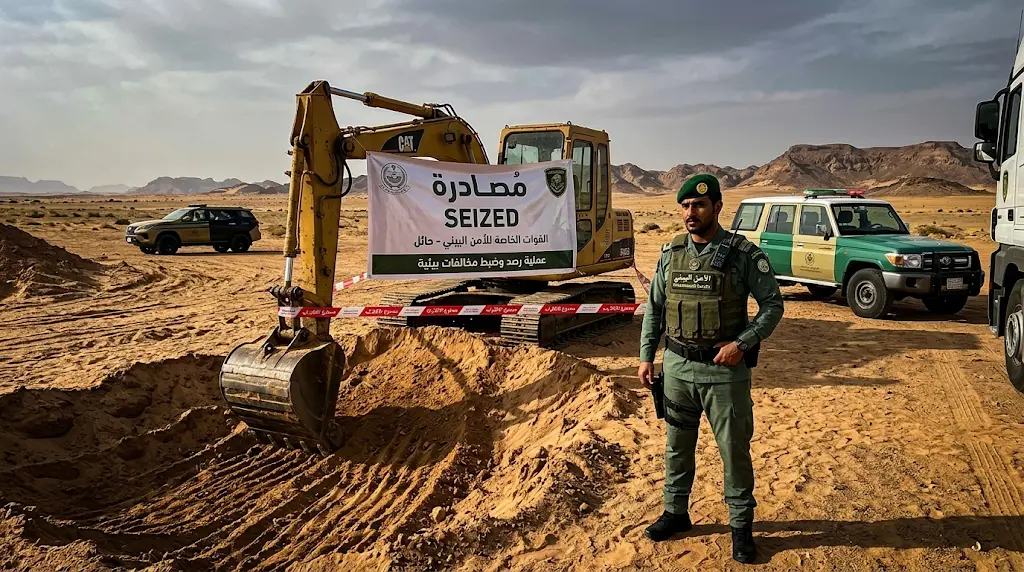 الأمن البيئي يضبط مقيماً هندياً متلبساً بتجريف التربة في حائل ويصادر معدات استغلال الرواسب.