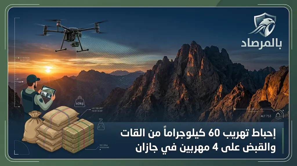 الأنظمة التقنية الحديثة تطيح بـ 4 مهربين حاولوا التسلل بـ 60 كيلوجراماً من القات عبر حدود جازان