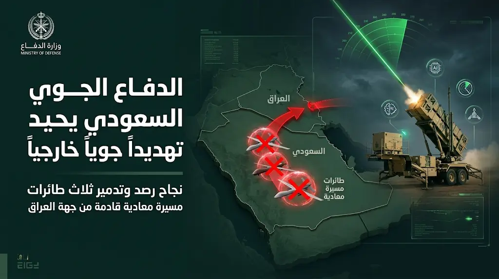 الدفاع الجوي السعودي يعترض ويدمر 3 طائرات مسيّرة معادية اخترقت أجواء المملكة من جهة العراق