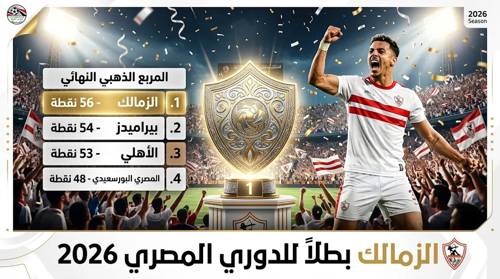 الزمالك يتوج بطلاً للدوري المصري 2025-2026 رسمياً بعد الفوز على سيراميكا كليوباترا بهدف عدي الدباغ