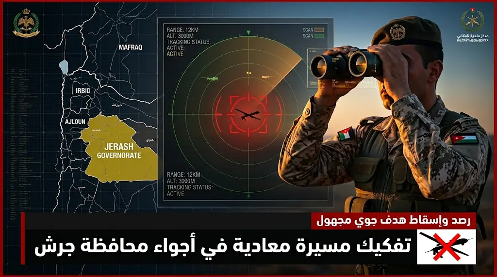 القوات المسلحة الأردنية تسقط طائرة مسيرة مجهولة اخترقت الأجواء في منطقة بليلا بمحافظة جرش