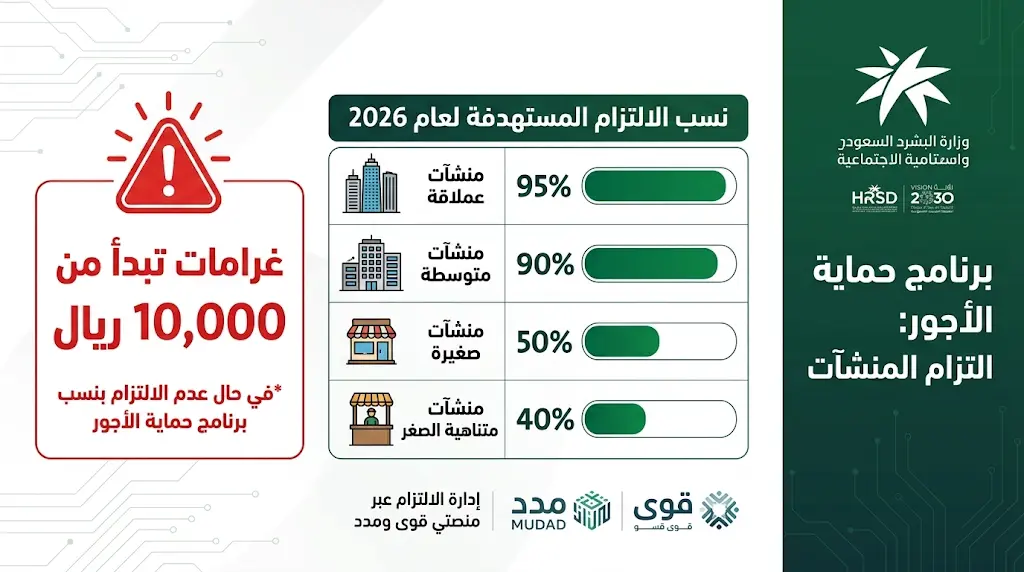 الموارد البشرية تحذر المنشآت من غرامات تبدأ بـ 10 آلاف ريال بسبب مخالفات برنامج حماية الأجور