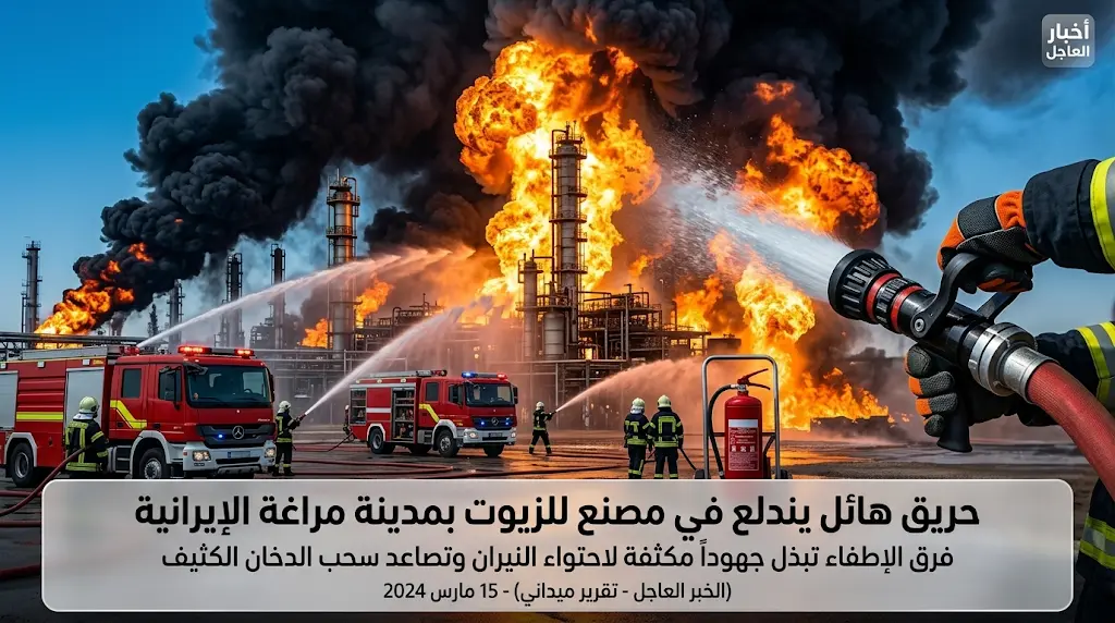 اندلاع حريق ضخم داخل منشأة لإنتاج وتكرير الزيوت في محافظة أذربيجان الشرقية بشمال غرب إيران