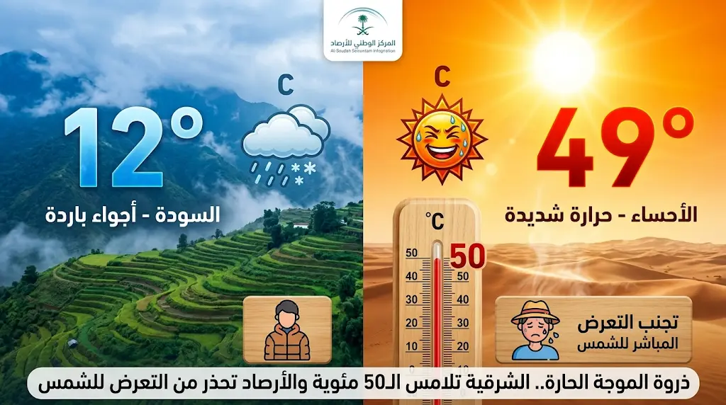 تباين مناخي كبير في مدن المملكة اليوم الجمعة بين 49 درجة في الأحساء و12 درجة مئوية في السودة