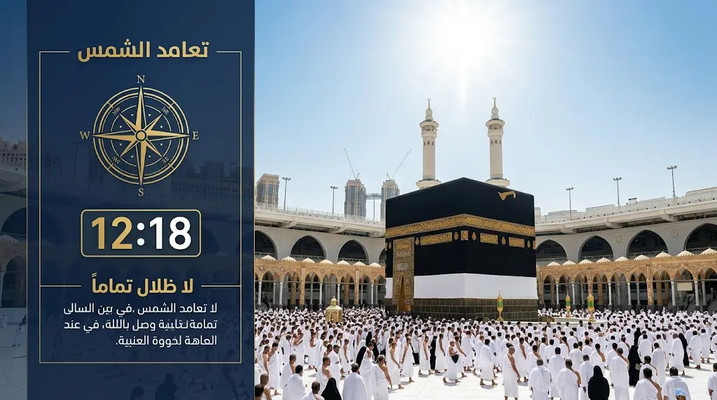 تحديد اتجاه القبلة بدقة اليوم الثلاثاء 26-5-2026 عبر ظاهرة تعامد الشمس فوق الكعبة المشرفة