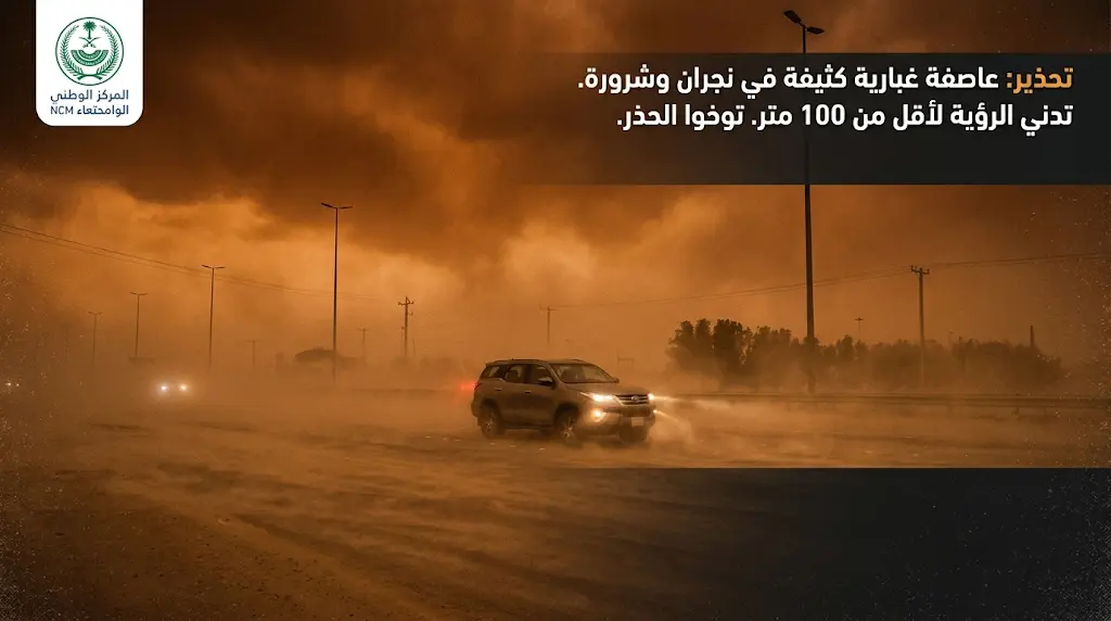 تحذير متقدم لسكان نجران وشرورة: الرؤية الأفقية تتراجع إلى 3 كيلومترات بسبب العوالق الترابية والأتربة المثارة.