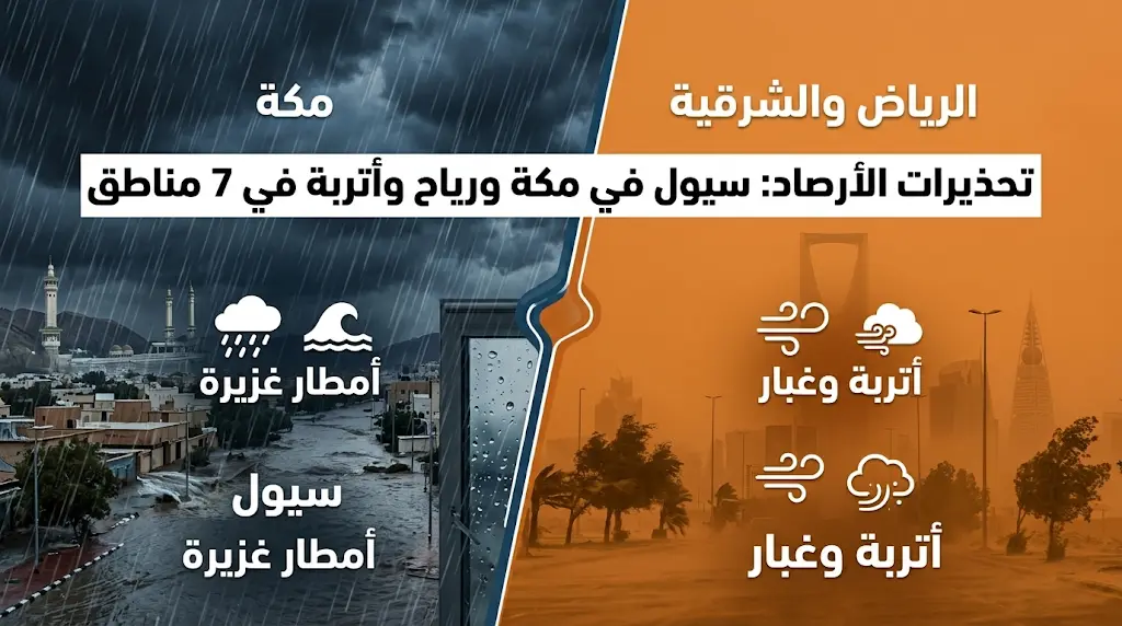 تحذيرات من سيول جارفة وأمطار غزيرة تضرب مكة المكرمة اليوم الإثنين.