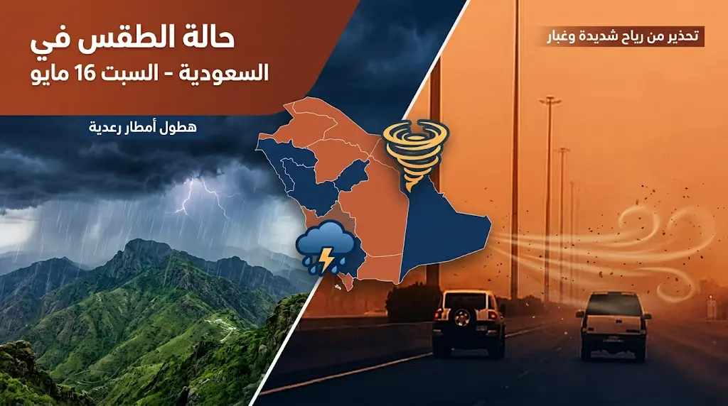 حالة الطقس في السعودية اليوم السبت 16 مايو 2026: تنبيه من رياح مثيرة للأتربة وتدني الرؤية في عدة مناطق