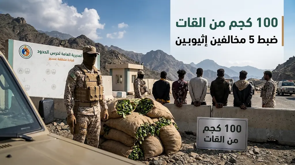 حرس الحدود بعسير يضبط 100 كيلوجرام من القات بحوزة 5 مخالفين لنظام أمن الحدود.