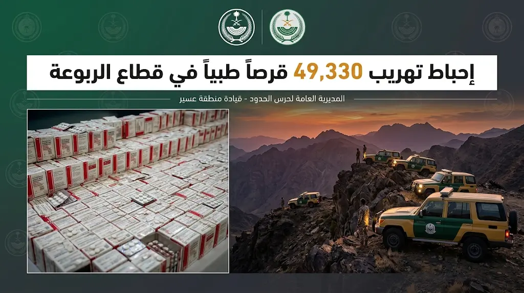 حرس الحدود يحبط محاولة تهريب 49,330 قرصاً طبياً في قطاع الربوعة بمنطقة عسير