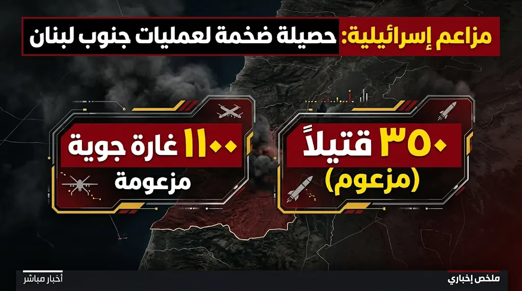 حصيلة مزعومة للجيش الإسرائيلي: مقتل 350 عنصراً وتدمير مبانٍ عسكرية لحزب الله في 1100 غارة على جنوب لبنان