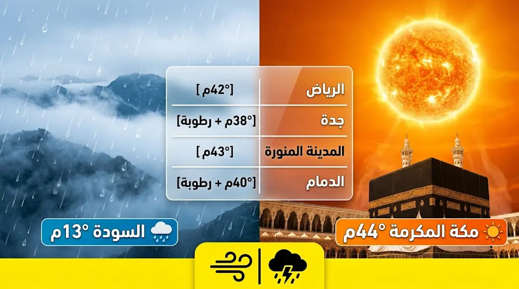 درجات الحرارة في السعودية اليوم الخميس 14-05-2026: مكة المكرمة تسجل 44 درجة والسودة الأبرد بالمملكة