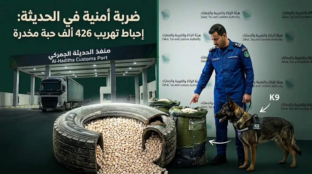 زاتكا في منفذ الحديثة تحبط محاولة تهريب أكثر من 426 ألف حبة إمفيتامين مخبأة داخل إطارات شاحنة