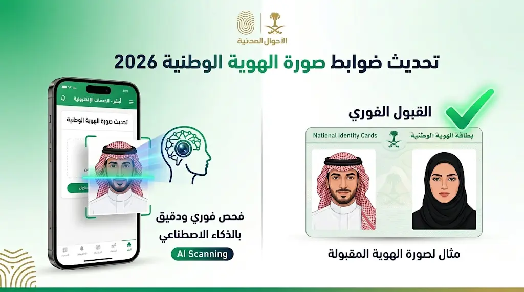 ضوابط تغيير الصورة الشخصية في بطاقة الهوية الوطنية 2026 وحالات تجديدها عبر منصة أبشر