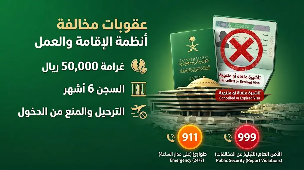 غرامة 50 ألف ريال والسجن والترحيل للمتأخرين عن مغادرة المملكة بعد انتهاء تأشيرة الدخول