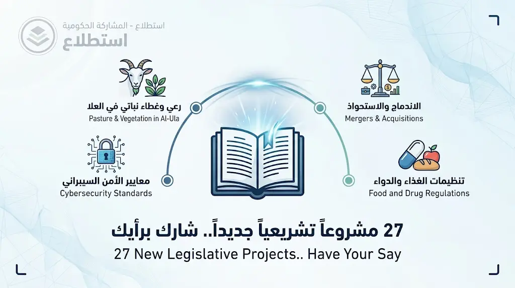 من رخص رعي العلا إلى ضوابط الأمن السيبراني: "استطلاع" تفتح باب النقاش حول 27 مشروعاً تشريعياً.