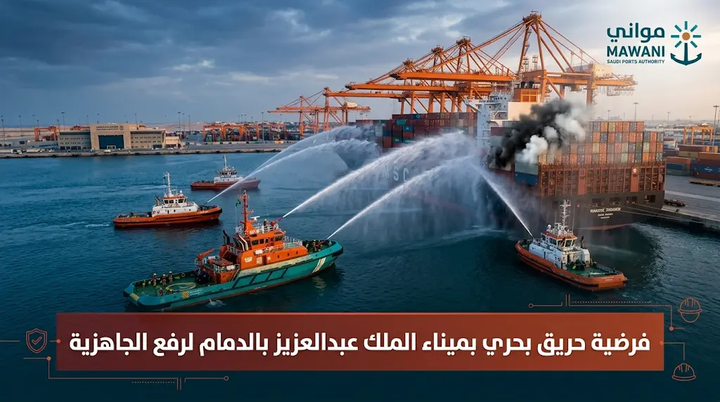 موانئ تنفذ تجربة فرضية لمحاكاة حريق بحري في ميناء الملك عبدالعزيز بالدمام لتعزيز الجاهزية التشغيلية