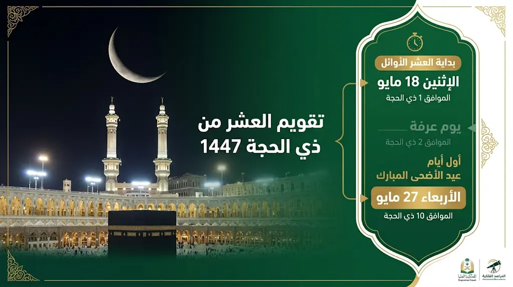 موعد بداية العشر من ذي الحجة 2026 فلكياً وجدول مواعيد الأيام الفضيلة حتى عيد الأضحى 1447
