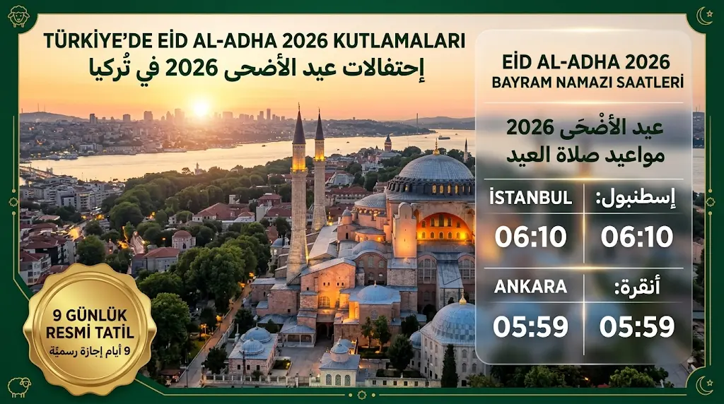 موعد صلاة عيد الأضحى 2026 في تركيا بجميع الولايات وتفاصيل إجازة الـ 9 أيام للقطاع العام