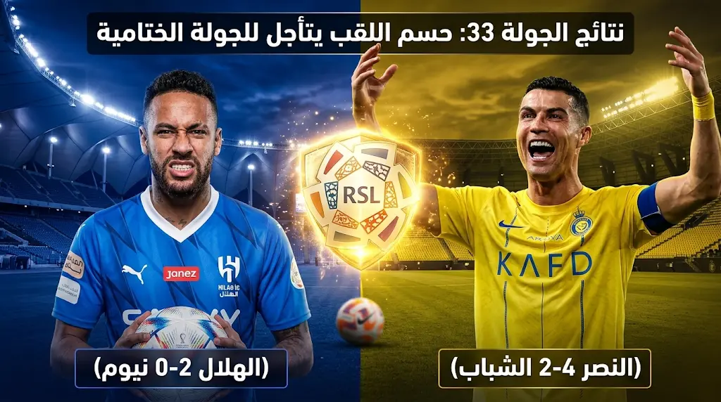 نتائج مباريات الجولة 33 من دوري روشن السعودي: النصر يتمسك بالصدارة والهلال يطارد واللقب يتأجل للجولة الأخيرة