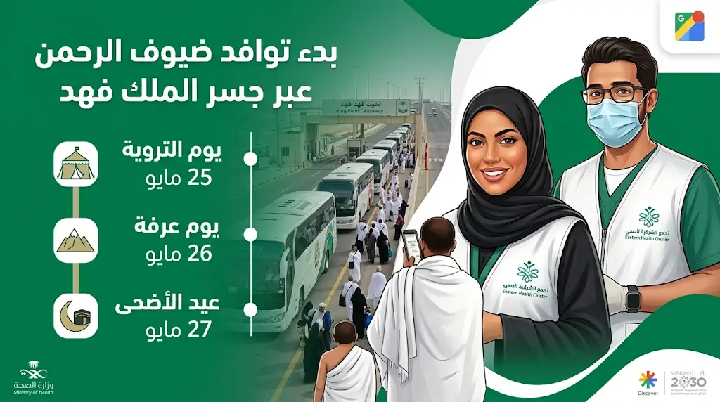 وصول أولى طلائع حجاج البحرين عبر جسر الملك فهد لبدء مناسك الحج لعام 1447 هـ