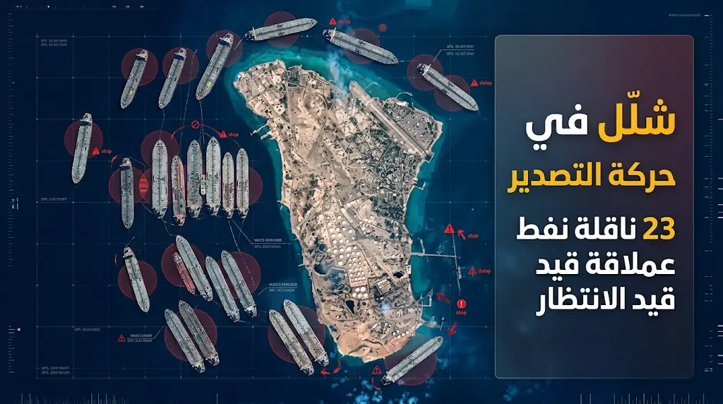 وكالة بلومبرغ ترصد شللاً في صادرات الطاقة الإيرانية وتكدس 23 ناقلة نفط عملاقة قرب جزيرة خارك