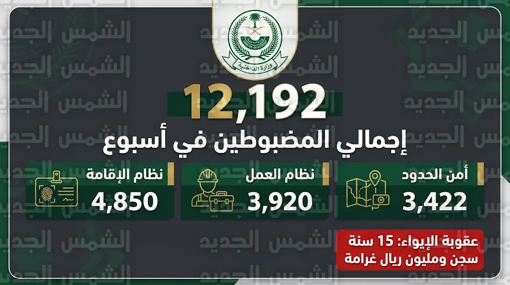 الداخلية السعودية تعلن ضبط 12192 مخالفاً لأنظمة الإقامة والعمل وأمن الحدود خلال أسبوع واحد بكافة المناطق