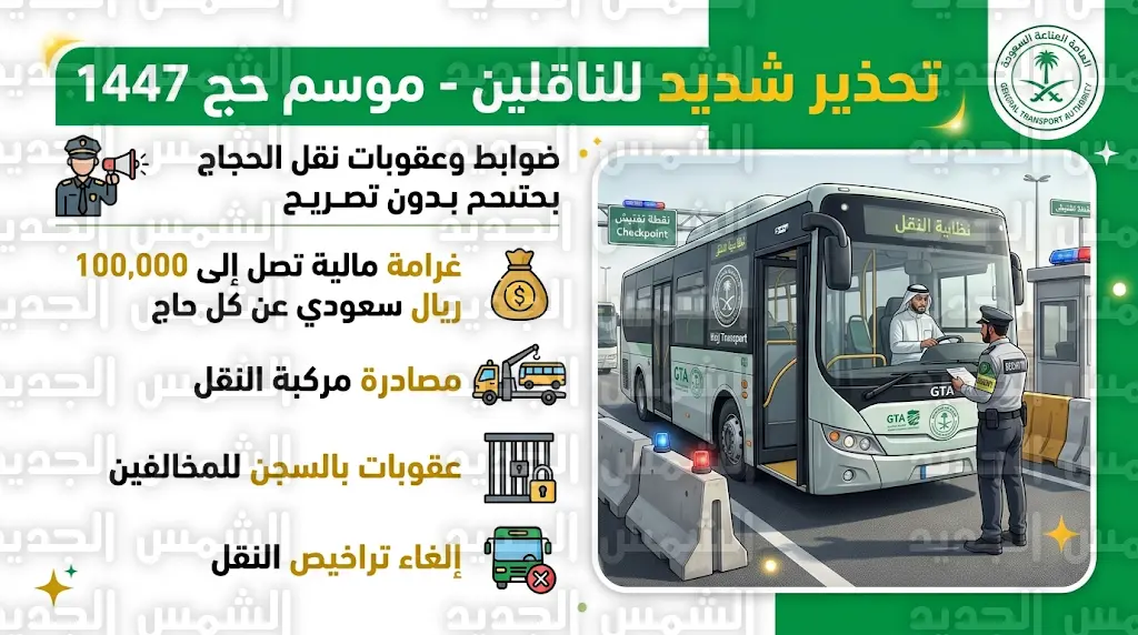 الهيئة العامة للنقل تحذر من نقل الحجاج غير المصرح لهم وتعلن عقوبات تصل إلى 100 ألف ريال ومصادرة المركبة