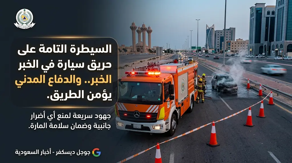 تدخل سريع من الدفاع المدني بالخبر يسيطر على حريق مركبة ويؤمن حركة السير دون إصابات