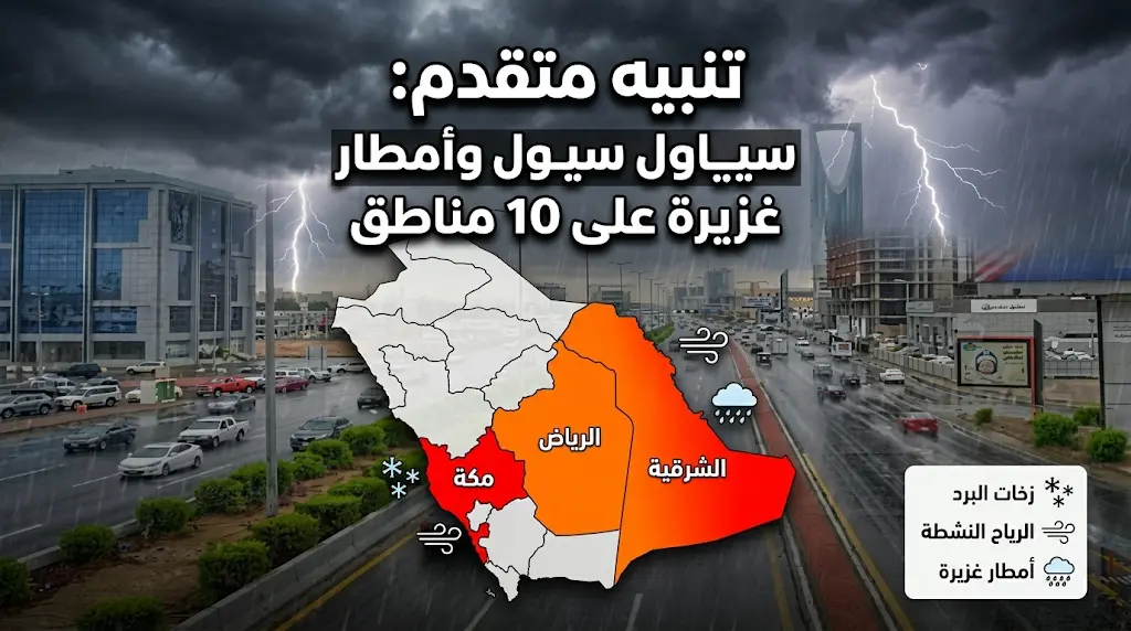 تنبيه أحمر في مكة والرياض.. الأرصاد تحذر من أمطار غزيرة وسيول في 10 مناطق سعودية اليوم الإثنين