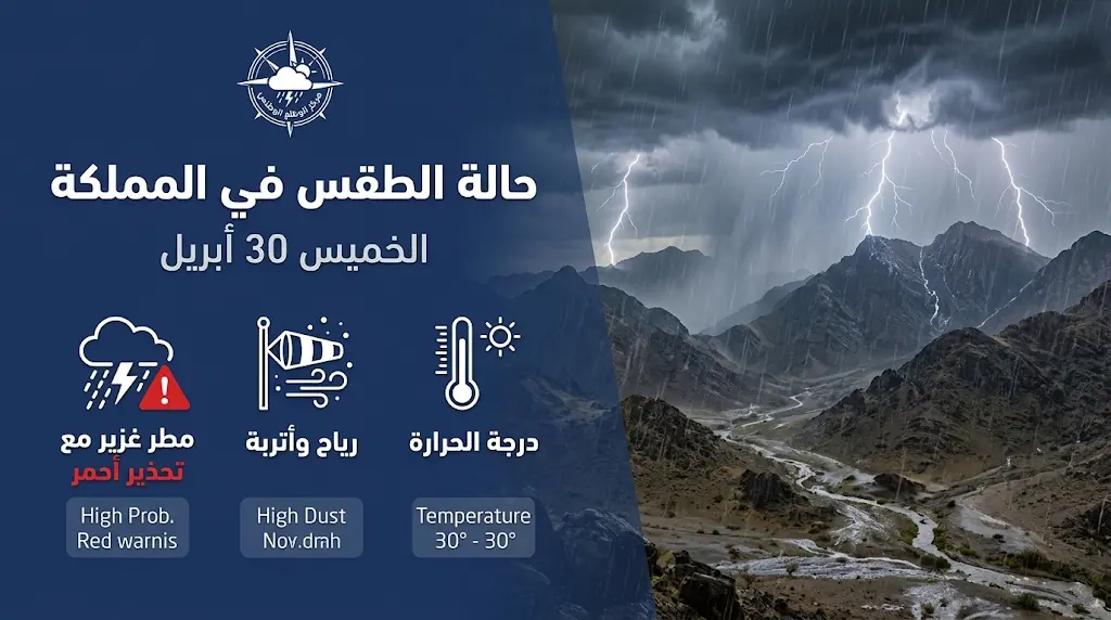 حالة الطقس في السعودية اليوم الخميس 30-4-2026: تنبيه من أمطار رعدية وسيول في عدة مناطق