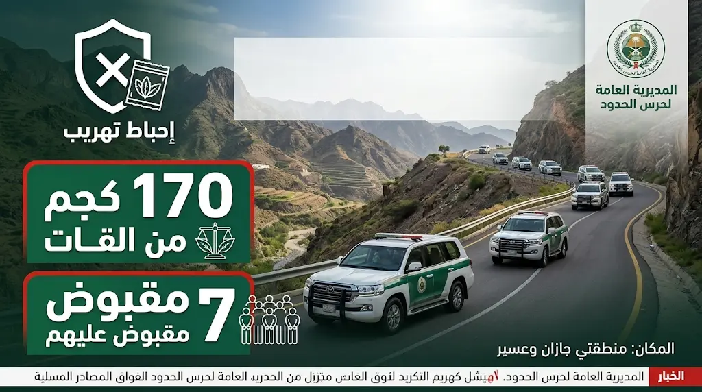 حرس الحدود يحبط تهريب 170 كيلوجراماً من القات ويقبض على 7 مخالفين في جازان وعسير