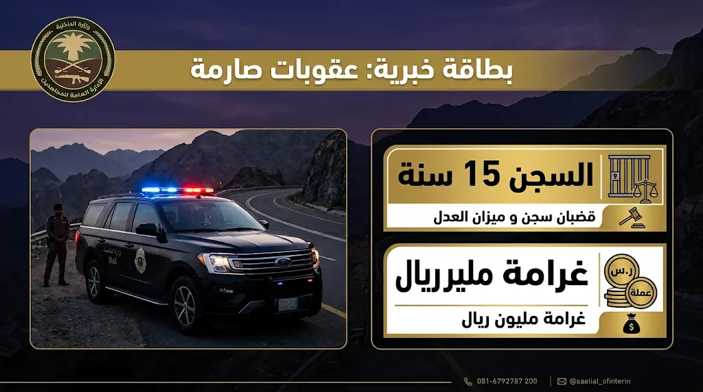 عقوبات تصل للسجن 15 عاماً وغرامة مليون ريال لمقيم تورط في نقل مخالفين بمنطقة عسير