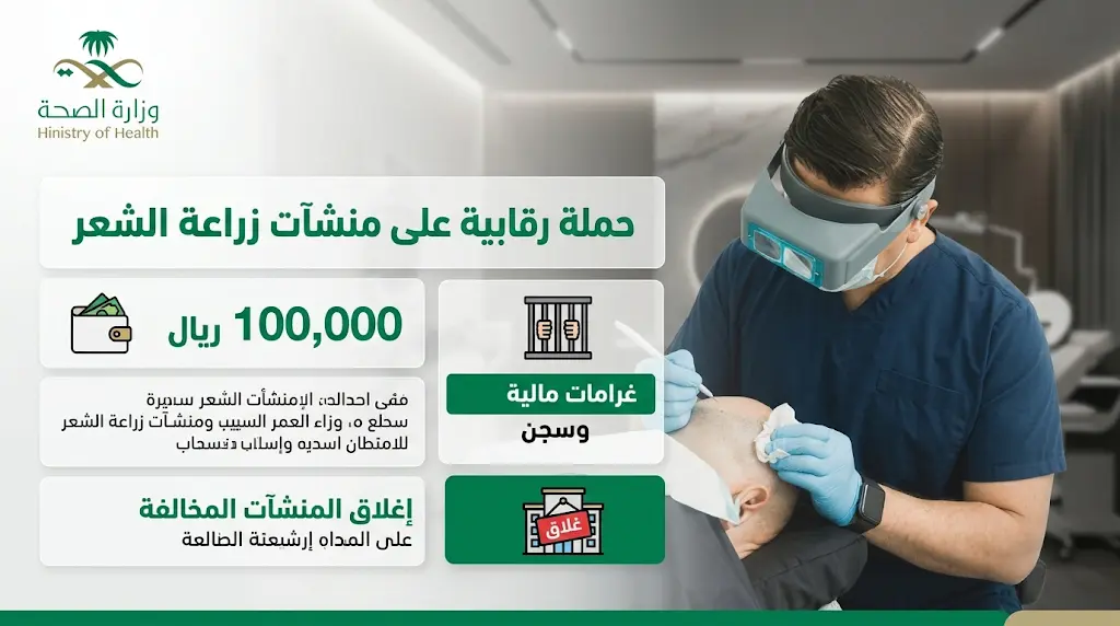 غرامة 100 ألف ريال والسجن للمخالفين في حملة رقابية مكثفة لوزارة الصحة على مراكز زراعة الشعر