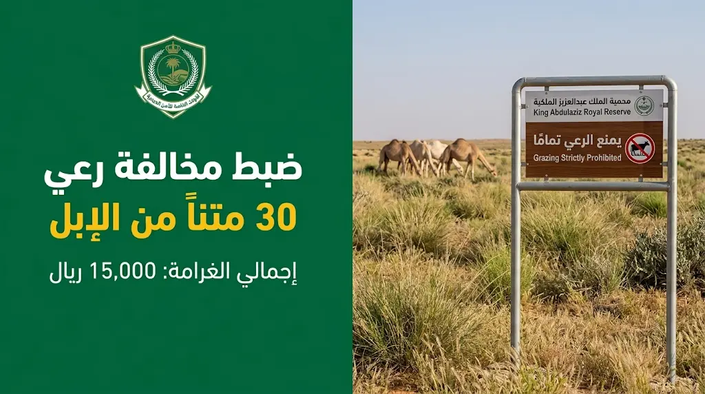 غرامة 15 ألف ريال.. الأمن البيئي يضبط مخالفة رعي إبل في مواقع محظورة بمحمية الملك عبدالعزيز الملكية