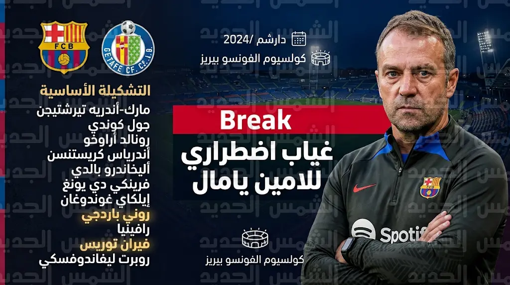 غياب لامين يامال ومفاجأة هجومية في تشكيل برشلونة الرسمي لمواجهة خيتافي